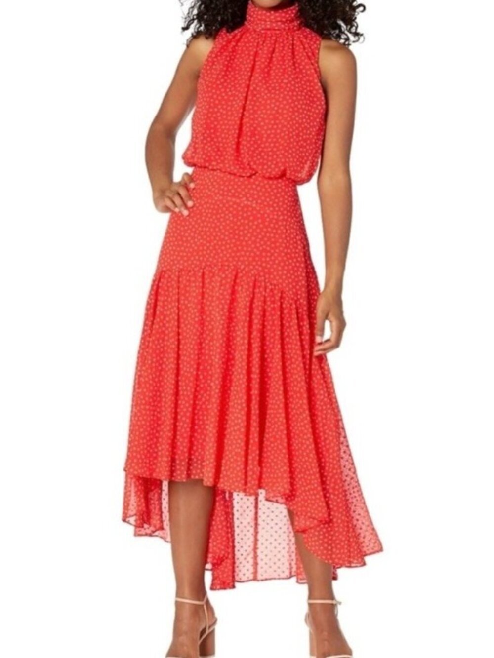 TAYLOR Women’s Sleeveless Mock Neck Red Polka Dot Chiffon Blouson Dress Size 6